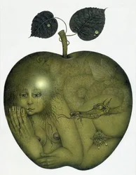 Manzana y Eva y Serpiente (lápiz y lápiz de color sobre papel)