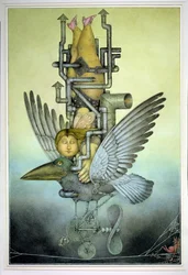 Chica en equilibrio sobre pájaro mecánico en la cuerda floja (lápiz y lápiz de color sobre papel)