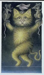 Gato en la cuerda floja, en equilibrio con pájaro y ratones (lápiz y lápiz de color sobre papel)