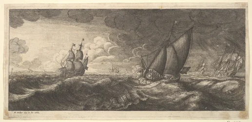 Un yate y tres barcos de guerra en una tormenta, 1665