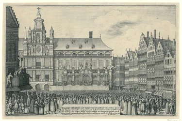 Proclamación de la Paz de Munster en Amberes, 1648 Eygentlycke Representando el camino de la publicación de den Peys, entre syne Mayesteyt den Coninck van Spagnien, y Heeren Staten Generael van de Vereenich[de] Nederlanden en un Heerlyc