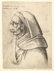 Busto de un hombre con una nariz pequeña y levantada y un labio superior muy alto, con capucha, de perfil..., 1666