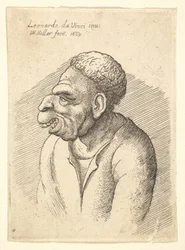 Busto de un hombre con nariz ganchuda, labio superior prominente, boca abierta y cabello corto y rizado, 1665