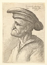 Busto de anciano con nariz que se encuentra con su labio inferior, usando una gorra ancha