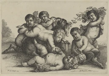 Tres niños pequeños, dos sátiros y una bacante una cabra Putti and Satyrs (título de la serie)