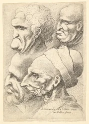 Cuatro cabezas grotescas de perfil a la izquierda