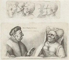 Frisón con Cabezas de Estudio / Caricaturas del Rey y la Reina de Túnez Rex et Regina de Tunis (título sobre objeto) Varie figurae et probae (título de la serie) Caricaturas, cabezas y deformidades después de Leonardo da Vinci (título de la serie)