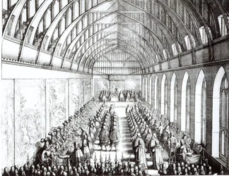 Banquete de la Orden de la Jarretera en el Salón de San Jorge, Windsor, en la época de Carlos II, 1672