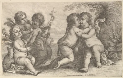 Jesús y San Juan abrazándose, con Querubines