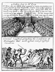 John Pym leyendo una carta en la Cámara de los Comunes; El coronel Thomas Lunsford y sus soldados atacando a los londinenses
