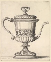 Jarra con tapa, grabada con patrón de arabescos, el pico estrecho a la derecha terminando en serpiente, 1625-77