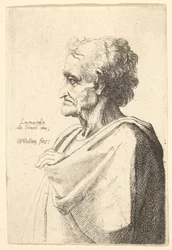 Hombre con expresión triste a la izquierda con mano emergiendo del manto, 1625-77
