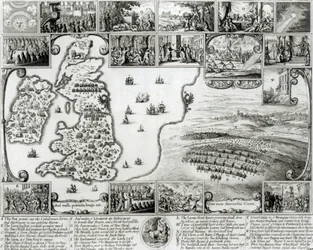 Mapa de la Guerra Civil Inglesa y una vista de Praga, 1632