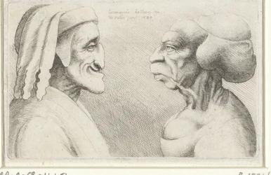 Caricatura de cabezas deformadas de un hombre con sombrero (¿Dante?) y una mujer Varie figurae et probae (título de la serie) Caricaturas, cabezas y deformidades después de Leonardo da Vinci (título de la serie)