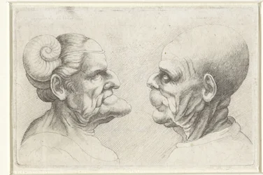 Cabezas deformadas de un hombre y una mujer calvos con cuernos en la cabeza Varie figurae et probae (título de la serie) Caricaturas, cabezas y deformidades después de Leonardo da Vinci (título de la serie)