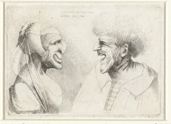 Cabezas deformadas de un hombre y una mujer sonrientes con una gorra en la cabeza Varie figurae et probae (título de la serie) Caricaturas, cabezas y deformidades después de Leonardo da Vinci (título de la serie)