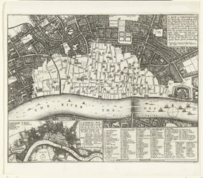 Mapa de Londres después del Gran Incendio de 1666 Un mapa o plano de la ciudad de Londres y los suburbios (...) (título sobre el objeto)