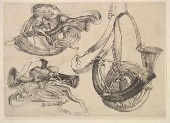 Siete cuernos de caza en tres agrupaciones, 1625-77