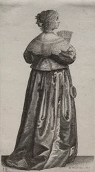 Los Varios Hábitos de las Mujeres Inglesas, desde la Nobleza hasta las Mujeres del Campo en estos tiempos: La Mujer con Abanico y Espejo