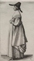 Los Varios Hábitos de las Mujeres Inglesas, desde la Nobleza hasta las Mujeres del Campo en estos tiempos: La Mujer con Sombrero Masculino y Enagua Floreada