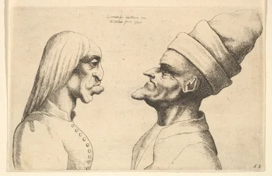 Dos cabezas deformadas enfrentadas, 1645