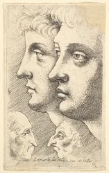 Dos jóvenes de perfil a la izquierda con dos cabezas grotescas enfrentadas abajo, 1625-77