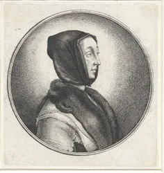 Mujer con pañuelo negro y estola de piel; Medallones con bustos de mujeres (título de la serie)