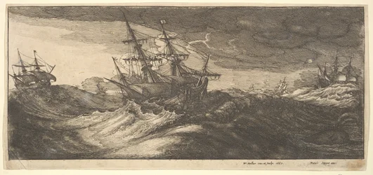 Buque de guerra y una ballena que expulsa agua, 1665