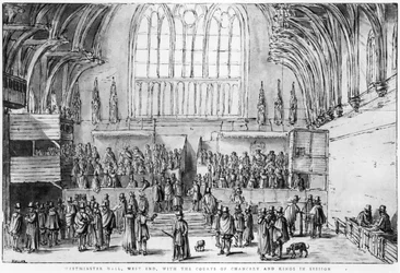 Westminster Hall, Extremo Oeste, con los Tribunales de Cancillería y Reyes en Sesión