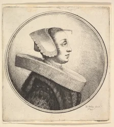 Mujer con gorguera circular, gorro y horquilla, de perfil a la derecha, 1645