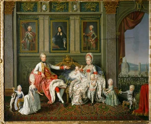 Piero Leopoldo, Gran Duque de Toscana, más tarde Emperador Leopoldo II, su esposa María Ludovica, Infanta de España, y seis de sus 16 hijos (pintura sobre lienzo)