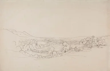Paisaje ondulado con casas de celosía