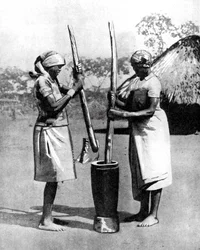 Dos mujeres de la tribu Mashona moliendo maíz y mijo, Zimbabue, África