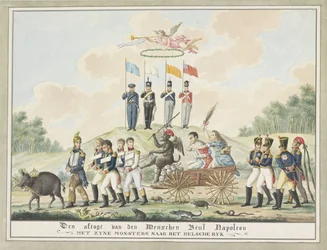 Caricatura del exilio de Napoleón a Elba, 1814 El descenso del Verdugo Menschen Napoleón con sus Monstruos al Imperio Helénico (título sobre el objeto)