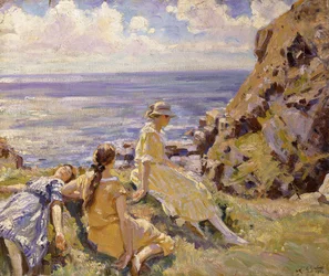 Las sobrinas artistas en los acantilados de Frying Pan, Cadgwith, Cornualles