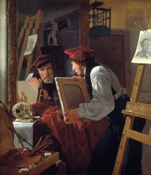 Un joven artista (Ditlev Blunck) examinando un boceto en un espejo