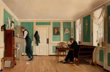 Interior de Amaliegade. Capitán Carl Ludvig Bendz de pie y Dr. Jacob Christian Bendz sentado