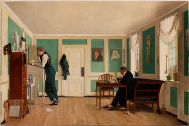 Interior de Amaliegade. Capitán Carl Ludvig Bendz de pie y Dr. Jacob Christian Bendz sentado