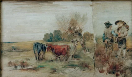 Doble imagen: Vacas en el prado, dos campesinos conversando