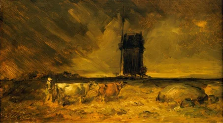 Gran paisaje de tormenta con molino de viento