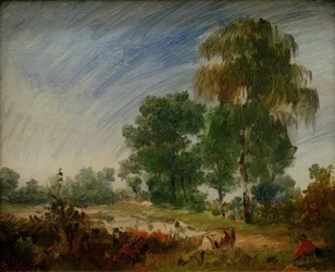 Paisaje de brezal de finales de verano con estanque