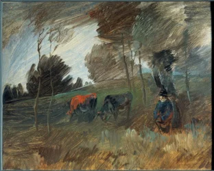 Paisaje de pastoreo con vaca roja