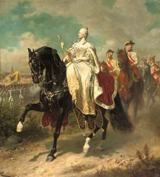 Emperatriz María Teresa a caballo inspeccionando tropas austriacas, 1884