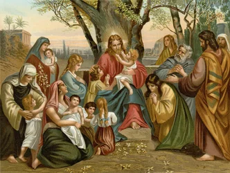 Jesús bendiciendo a los niños (litografía en color)