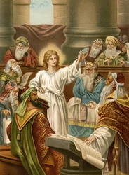 Jesús enseña en el Templo (litografía en color)