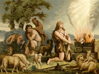 Sacrificios de Caín y Abel (litografía en color)