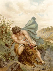 Sansón mata al León (litografía en color)