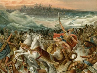 El rescate de los israelitas del Mar Rojo (litografía en color)