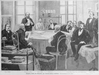 El príncipe heredero Rodolfo en una reunión editorial (xilografía)