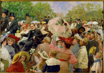 El alcalde de Viena, Karl Lueger, montado en su carruaje durante el corso de flores en el Prater de Viena en ...